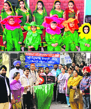Students of Dayanand Model School take part in a cultural programme; and (bottom) DEO Neelam Kumari and Civil Surgeon Dr RL Bassan flag off an awareness rally against drug addiction in Jalandhar on Tuesday.