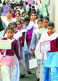 Students hold an awareness rally against drugs in Patiala on Tuesday