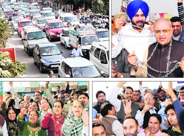 (Clockwise from top left) The BJP protest rally leads to a huge traffic jam at Bhandari Bridge; BJP senior leader Balbir Punj and MP Navjot Singh Sidhu; Industry Minister Anil Joshi and Mayor Bakshi Ram Arora; and women party workers hold a protest rally against the FDI at the bridge in Amritsar on Wednesday