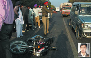The site of accident in which 18-year-old Sachin Garg (inset) was killed in Bathinda on Wednesday. 