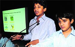 Shravan and Sanjay give a presentation at St Stephen's School in Sector 45, Chandigarh, on Wednesday