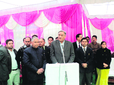 Chief Minister Vijay Bahuguna addresses a public meeting in Almora on Wednesday.