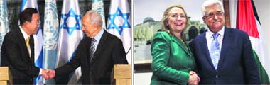 SOLVING A CRISIS: United Nations Secretary-General Ban Ki-moon (left) with Israels President Shimon Peres in Jerusalem; and (right) US Secretary of State Hillary Rodham Clinton with Palestinian President Mahmoud Abbas during a meeting in the West Bank city of Ramallah