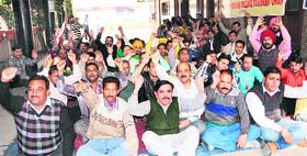 Members of the Punjab and Chandigarh College Teachers Union protest at DAV College in Amritsar on Thursday