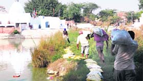 The work in progress for the Ram Tirath fair near Amritsar on Thursday
