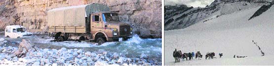 Two ITBP vehicles cross a glacier-fed river in the Ladakh region; (right) ITBP men on horses cross a frozen river in Ladakh. Tribune photographs 
