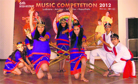 Children present an item during an inter-district dance competition organised at Nehru Siddhant Kendra in Ludhiana on Thursday