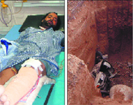 An injured Rajinder Singh; and (right) his scooter in the trench. 