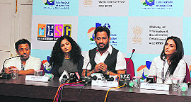 Filmmakers Gauri Shinde, Rasool Pookutty and Aishwarya Dhanush address mediapersons in Goa on Thursday.