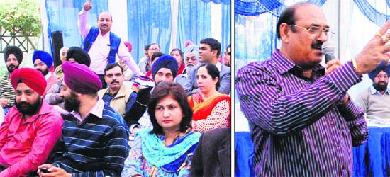 Participants bid for residential and commercial properties; and (right) an official of the Amritsar Improvement Trust holds an auction in Amritsar on Friday
