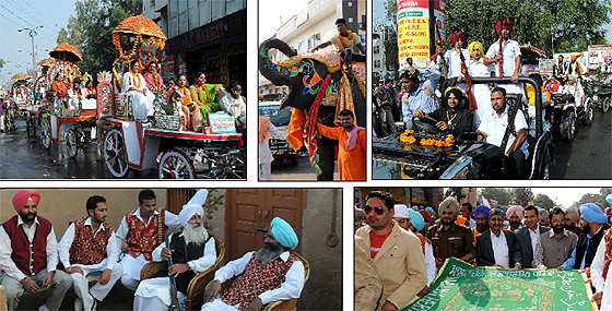 The Virasat Mela procession heads for the heritage village Jaipalgarh on Friday; an elephant decorated for the function takes part in the parade; zaildars in their jeeps inch their way towards the heritage village; Bathinda MLA Sarup Chand Singla, DC KK Yadav, SSP Ravcharan Brar and Mayor Baljit Singh Beer Behman offer chadar at the Haji Ratan dargah; a Nambardar holds court at Jaipalgarh. 