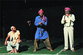 A scene from the play Toba Tek Singh being enacted at the Balwant Gargi Open Air Theatre situated at the Rose Garden in Bathinda on Friday evening. The play was staged as a part of the ongoing Virasat Mela in the city. 