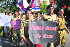 NCC cadets take out an AIDS awareness rally in Jammu on Friday.