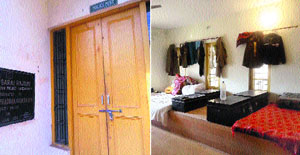 (Left) The exterior of the shelter; (right) policemens belongings inside the sarai.