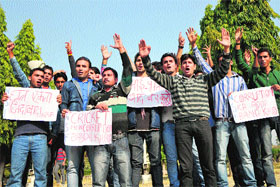 Activists of the National Secular Forum stage a protest against the Jammu University authorities on Friday.