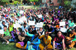 The school staff staging a protest at Teachers Home. 