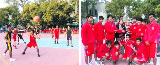 The final match being played during the AC Deb Memorial Senior Boys' Basketball Tournament in Dehradun on Saturday; and (right) the basketball team of Doon International School that won the tournament.