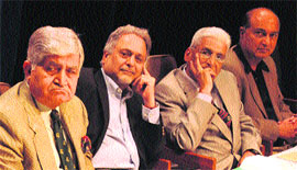 Former Chief of Army Staff Gen VP Malik (retd); Bharat Karnad, Professor Center for Policy Research; former Air Force Chief Anil Tipnis and former High Commissioner to Pakistan G Parthasarathy at a conference in Chandigarh on Sunday. 