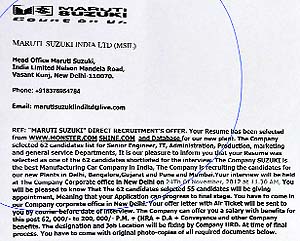 A copy of the letter on Maruti Suzukis letterhead sent to recipients via email offering jobs in the company.