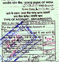 An SBI receipt showing deposit of Rs 50 by complainant Manoj Kamra in an account held by alleged fraudsters
