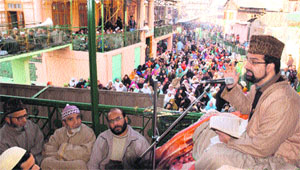J-K Hurriyat Chairman and Kashmiri head priest Mirwaiz Umar Farooq addresses a gathering in Srinagar on Sunday