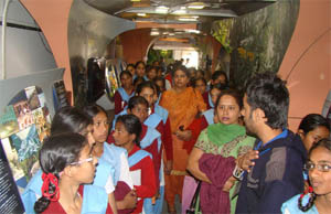 School students inside the Science Express, which arrived in Ferozepur on Monday. 