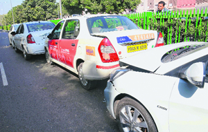 Four cars collided on the Madhya Marg in Sector 26 at around noon on Monday, resulting in a traffic jam on the busy road for over 45 minutes.
