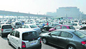 A view of a traffic jam at a toll plaza in Gurgaon. 