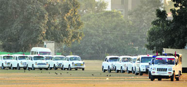 Government vehicles that will be a part of the President's cavalcade on the PAU campus on Monday.