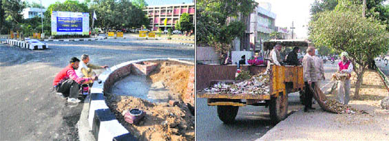 Work in progress at a roundabout on the PAU campus; and (right) a cleanliness drive under way at Malhar Road ahead of President Pranab Mukherjee’s visit to Ludhiana.