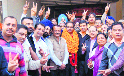 Naresh Sharma along with his supporters in Amritsar on Tuesday.