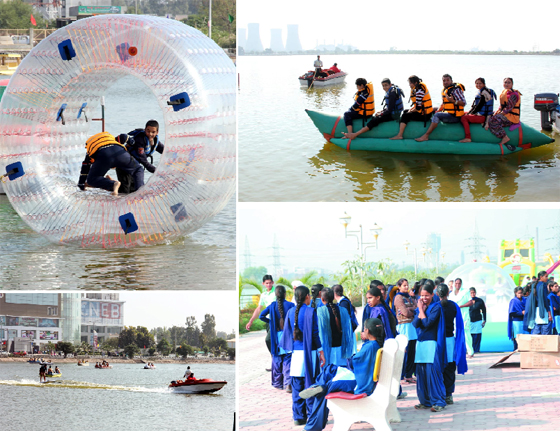 (Clockwise from above) Adventure lovers enjoy a boat ride before trying their hands at water sports; schoolchildren visit the place to savour the thrill; water skiing takes place at the Thermal lake; zorbing enthrals visitors.
