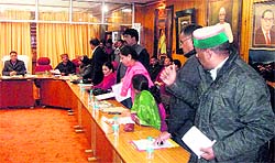 Ward members raise voice against the executive officer at a Municipal Council meeting in Mussoorie on Tuesday