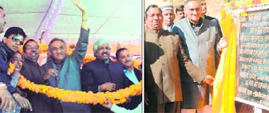 Chief Minister Vijay Bahuguna waves at a crowd during a public meeting at Gangolihat in Pithoragarh on Tuesday; and (right) he lays the foundation stone of a development scheme