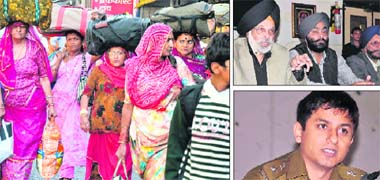(Clockwise) Pilgrims arrive for Kartik Purnima bath in the Ganga; general secretary of the Sarv Gurdwara Pradesh Parbandhak Committee Inderjit Chugh at a press conference; and Haridwar SSP Arun Mohan Joshi addresses police officials in Haridwar on Tuesday