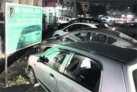 Vehicles parked at a no-parking zone in Gole Market, Gandhi Nagar, Jammu on Tuesday