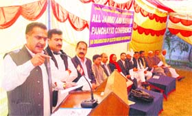 All Jammu and Kashmir Panchayat Conference chairman Shafiq Mir addresses panchayat members in Jammu