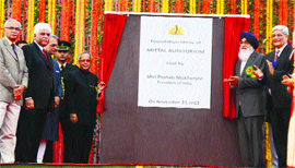 President Pranab Mukherjee, Punjab Chief Minister Parkash Singh Badal and Governor Shivraj Patil during the foundation laying ceremony of Mittal Auditorium at Sat Paul Mittal School in Ludhiana on Tuesday.