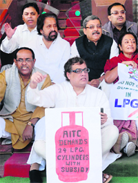 Trinamool MPs raise slogans demanding 24 subsidised LPG cylinders at Parliament House in New Delhi on Tuesday.