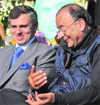 J&K CM Omar Abdullah and BJP leader Arun Jaitley in Jammu on Tuesday. 