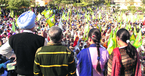 Shruti, her parents and their counsel at a public gathering in Faridkot on Tuesday.