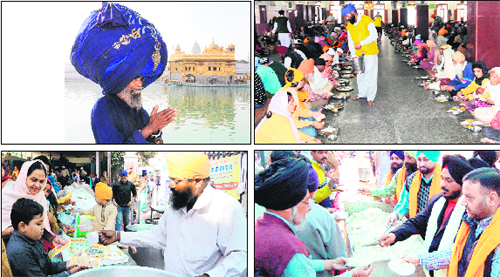 A Nihang pays obeisance at the Golden Temple on the 544th birth anniversary of Guru Nanak Dev. Devotees partake of langar. Langar being distributed near Telephone Exchange Chowk. A child takes prasad in Amritsar on Wednesday.