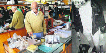 The  owner of the shop shows a cash box; and (right) the CCTV footage of a thief in Sector 7, Panchkula on  Wednesday. 