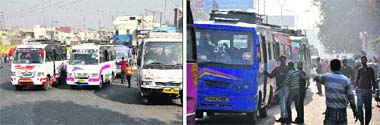 Sudden halts by mini-buses often trigger traffic jams. (Above) Sights like these on a couple of roads in Jammu on Wednesday are common. And the traffic police, it seems, couldnt care less