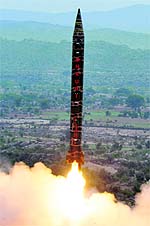 Hatf-V Ghauri nuclear-capable ballistic missile being launched in Pakistan on Wednesday