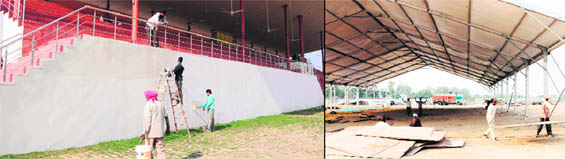 Guru Nanak Stadium being geared up for the upcoming World Kabaddi Cup; and (right) the venue where PITEX-2012 is to be held at Ranjit Avenue in Amritsar.