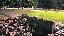 A temporary toilet demolished by the MC in a park in Sector 6, Panchkula, on Thursday. 