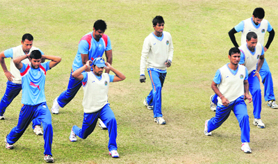 Players of the Rajasthan Ranji team during a practice session at the PCA Stadium in Mohali on Thursday.