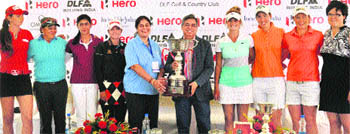Women golfers along with Hero Motocorp CEO Pawan Munjal and Women Golf Association of India chief Kavita Singh during the launch of Hero Womens Indian Open-2012 Golf Tournament in Gurgaon on Wednesday. 