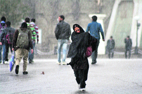People walk during rainfall in Shimla on Thursday.